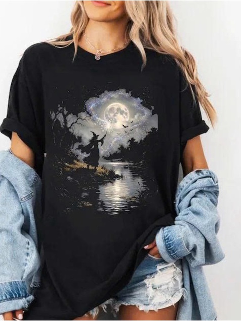 Black Moonlit Witch Graphic Tee - Women
